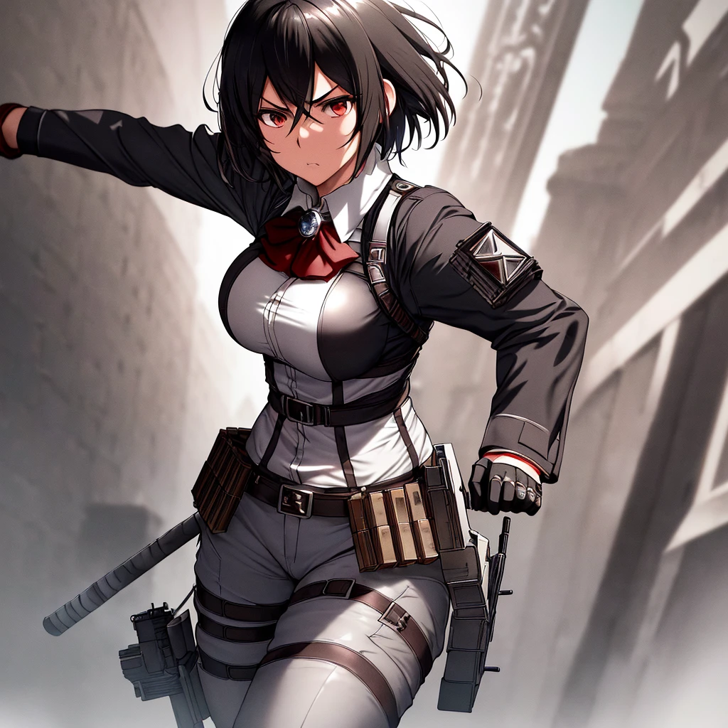 Illustration, Mikasa Ackerman, Attack on Titan, anime girl, short black hair (choppy, layered, and framing her face), stoic expression (with a hint of intensity), 3D maneuver gear (detailed, intricate, and worn), fitted white shirt (with a high collar, and a silver brooch), dark blue pants (tight, and with a red sash), toned arms (muscular, and with a few scars), athletic build (lean, and with a subtle six-pack), smooth skin (porcelain-like complexion, with a subtle sheen), intricate details (dainty fingers, with a few scratches), dynamic pose (leaping forward, with her 3D maneuver gear deployed), dramatic lighting (high-contrast, with a warm glow), 4k, high resolution, ultra high resolution, intricate detail, detailed texture, intense atmosphere, solo character, single figure