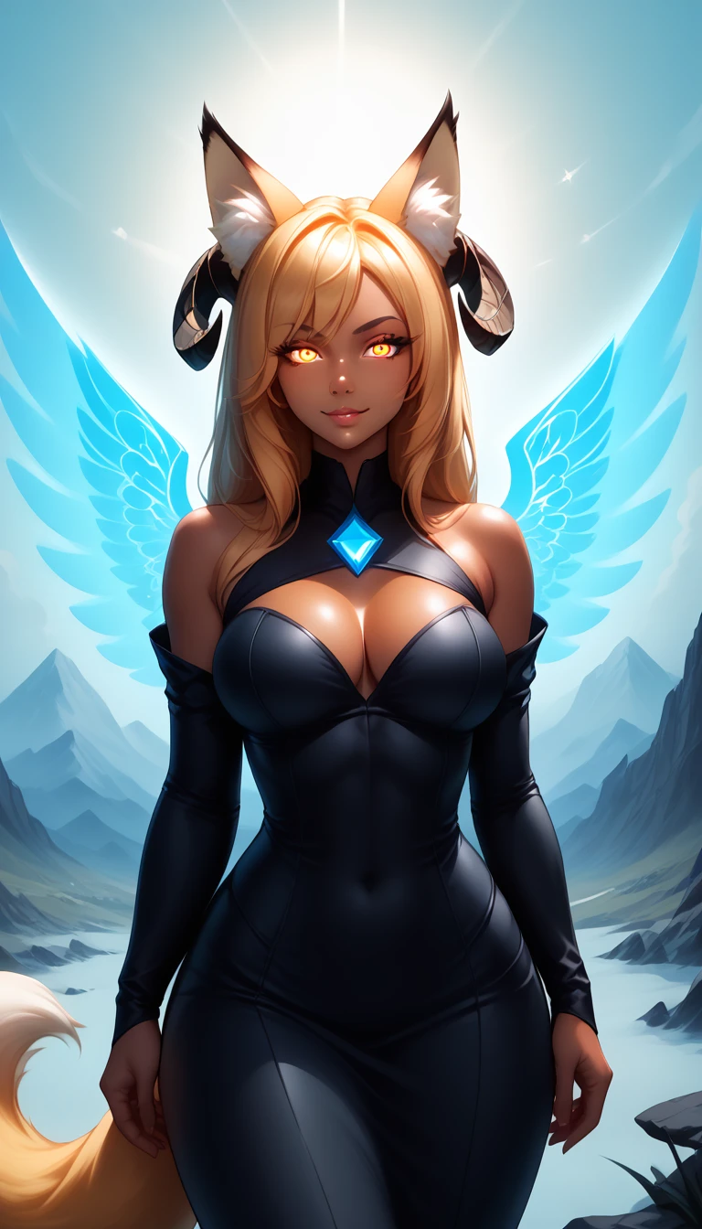 score_9, score_8_up, score_7_up, 1girl, solo,
(Random lenght hair), ((glowing random colored eyes)), curved ram horns, (fox ears, fox tail), tanned skin, angel, (fox:1.2), (random breasts, random face expression, random pose, random accessories), monochromatic, eerie atmosphere,
(random gender dressing), seductive, ((random landscape background))