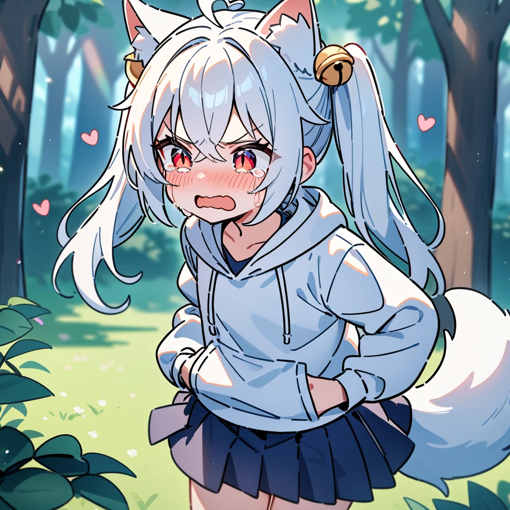 (masterpiece:1.2,high quality),8K,High resolution,A seven-year-old girl,cute girl,white hair,long hair,twintails,hair bell,crossed bangs,red eyes,slit pupils,heart ahoge,cat ears,angry,pain,crying,tears,Wearing a white hoodie,Dark blue pleated skirt,Stand in the forest,There are flowering trees on both sides.,primary school student,thigh,alone,dog tail,(Put your hands in your pockets),((Put your hands in your pockets))