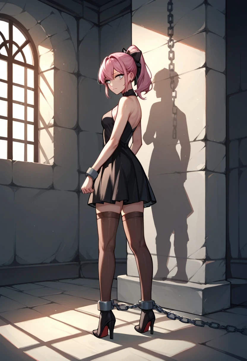 score_9, score_8_up, score_7_up, score_6_up, score_5_up, score_4_up, source_anime, 1girl, worth, pink hair, ponytail, white eyes, w-w-chain, shackles, shackle your hands, black dress, skirt, brown thigh high boots, heels, dungeon, best quality, best res, 4K UHD, details,