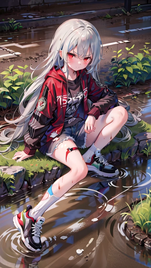 (8K, best quality, master piece: 1.5),super high resolution, One girl, solo, full shot, 15 years old, ultra-detailed face, detailed eyes, wine red eyes, slant eyes, angry, blue color Helix Piercing, (Silver gray hair, red streaked hair), Medium chest, ((Muddy and torn clothes)), bare legs, bridal garter, Dark back alley, indian style, sitting