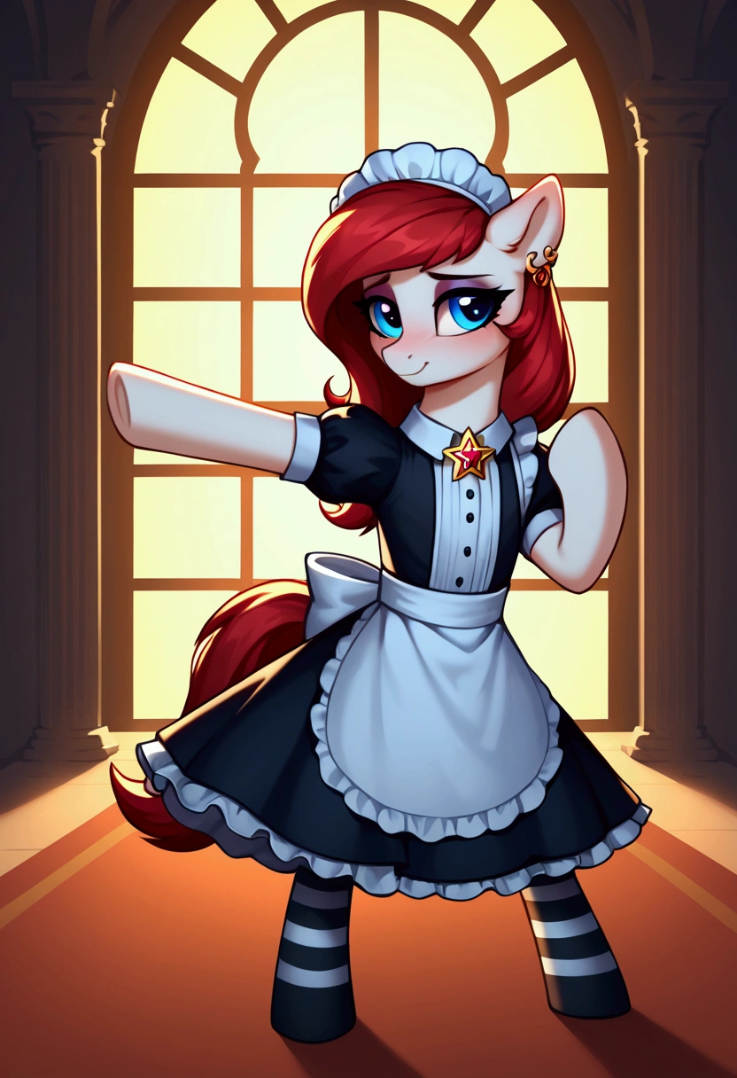 score_9,score_8_up,score_7_up,score_6_up, ((my little pony)), radiant lighting, vibrant colors, whimsical atmosphere, 8K, high resolution, highly detailed, masterpiece, (shy look), ((pony body)), white body, blue eyes, (maid costume), striped stockings, star pendant, earrings, eyeshadow, (#FF00FF hair colour), ((long hair)), ((play pose))