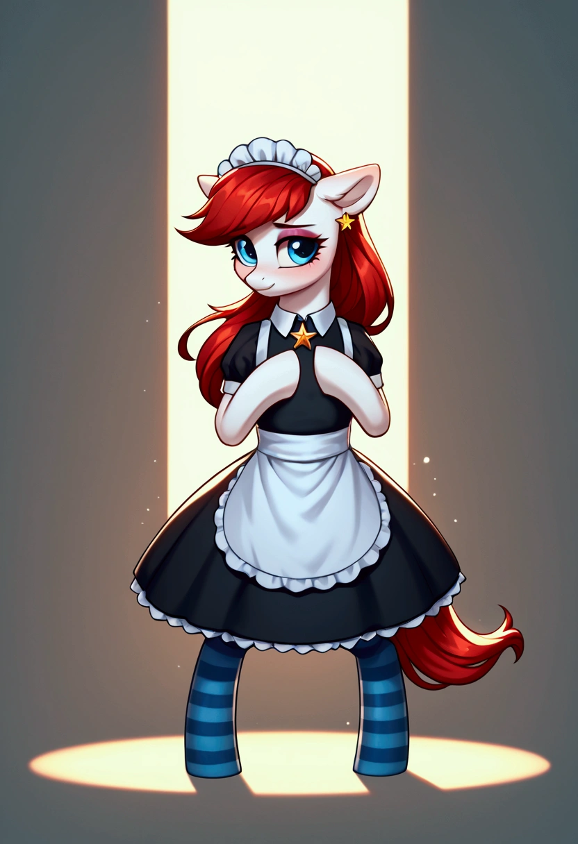 score_9,score_8_up,score_7_up,score_6_up, ((my little pony)), radiant lighting, vibrant colors, whimsical atmosphere, 8K, high resolution, highly detailed, masterpiece, (shy look), ((pony body)), white body, blue eyes, (maid costume), striped stockings, star pendant, earrings, eyeshadow, (#FF00FF hair colour), ((long hair)), ((play pose))
