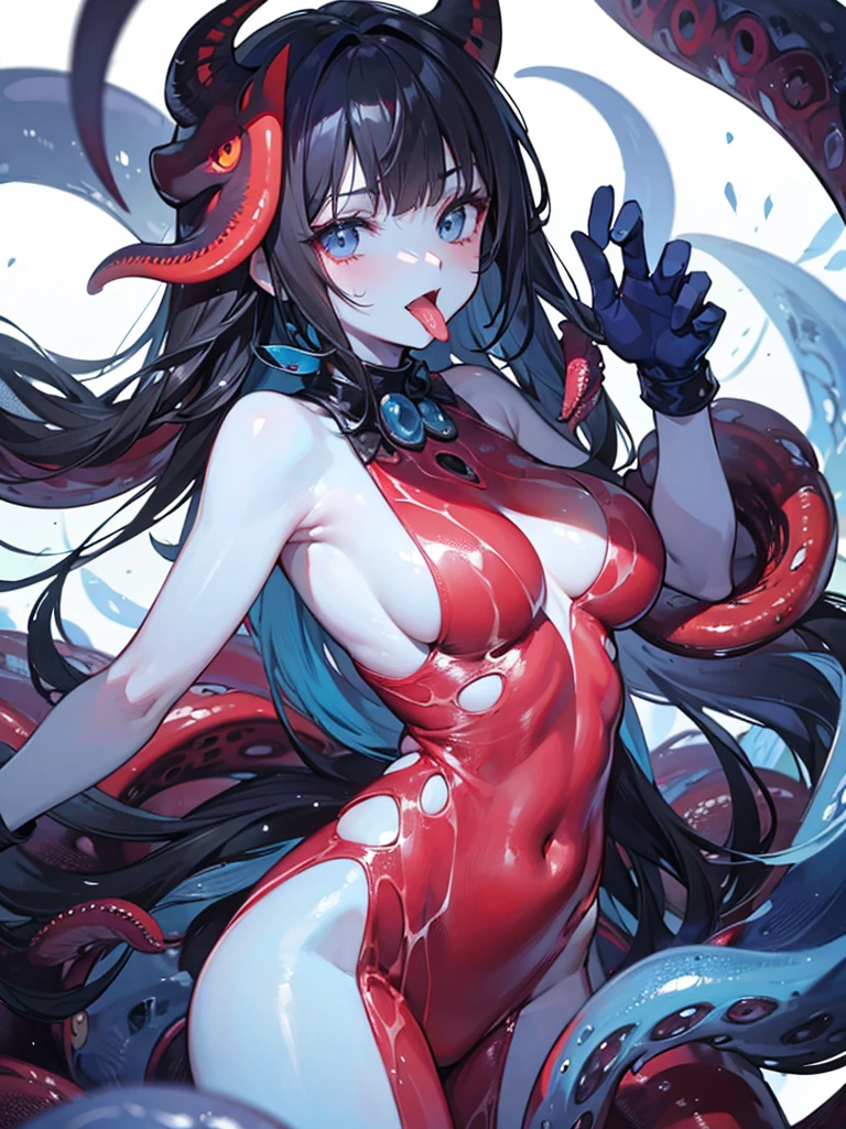 focus face, black hair, flesh meaty tentacle mask, blue skin, (flesh mask), (tentacles coveting Lower half of face), monster tongue
