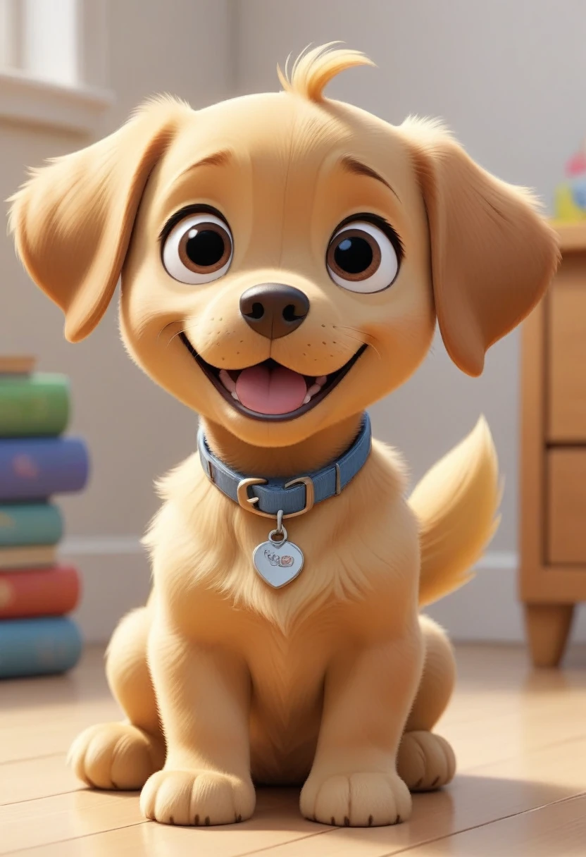 small puppy, puppy, multiple poses and expressions, white background, children's book illustration style, disney pixar style, 3D, simple, cute, short yellow fur all over, bright colors, tail curled up, Pixar masterpiece, drawing Nickelodeon cartoon, intricate details, sitting on the floor, looking up, expression of happiness, smiling