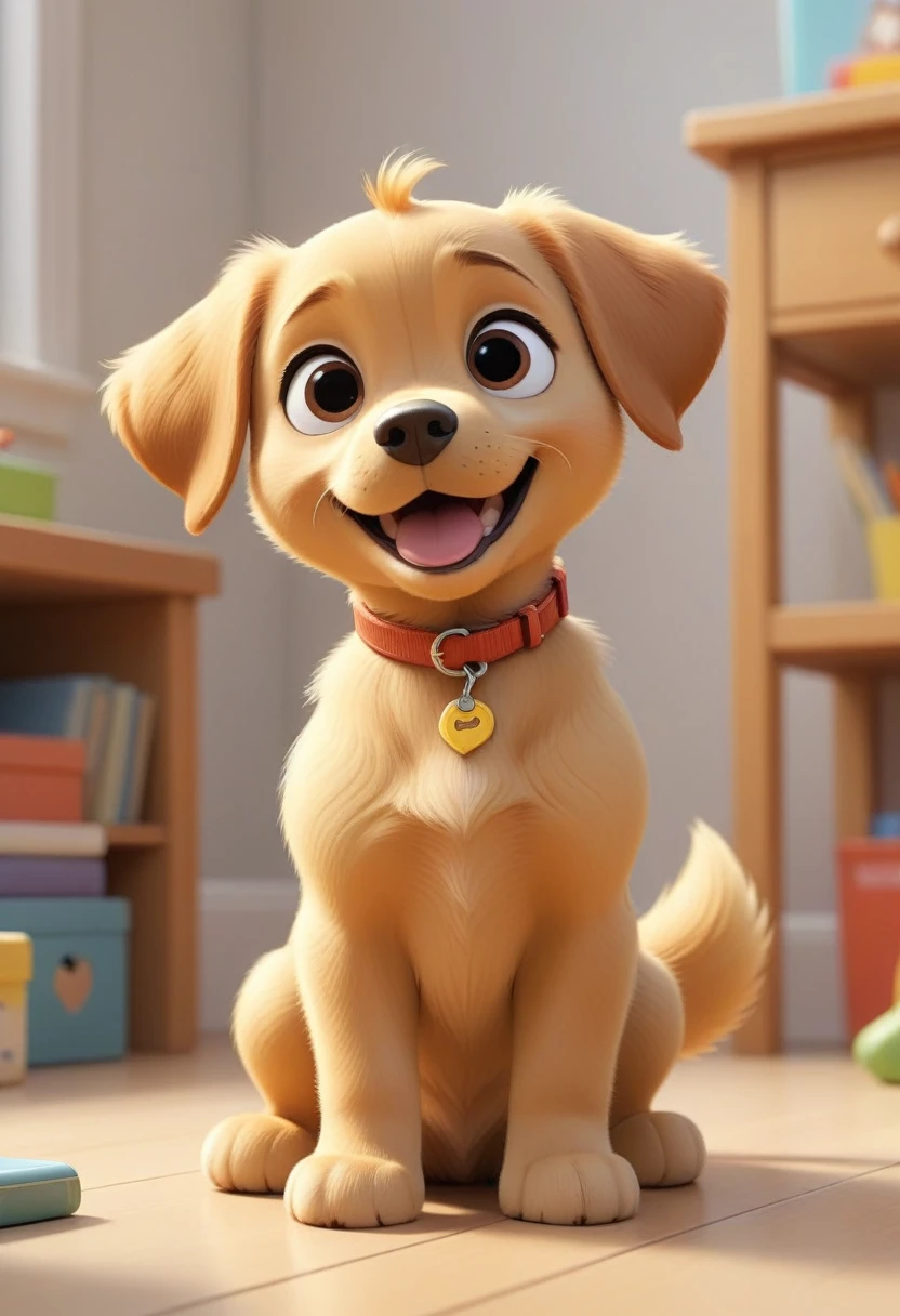 small puppy, puppy, multiple poses and expressions, white background, children's book illustration style, disney pixar style, 3D, simple, cute, short yellow fur all over, bright colors, tail curled up, Pixar masterpiece, drawing Nickelodeon cartoon, intricate details, sitting on the floor, looking up, expression of happiness, smiling