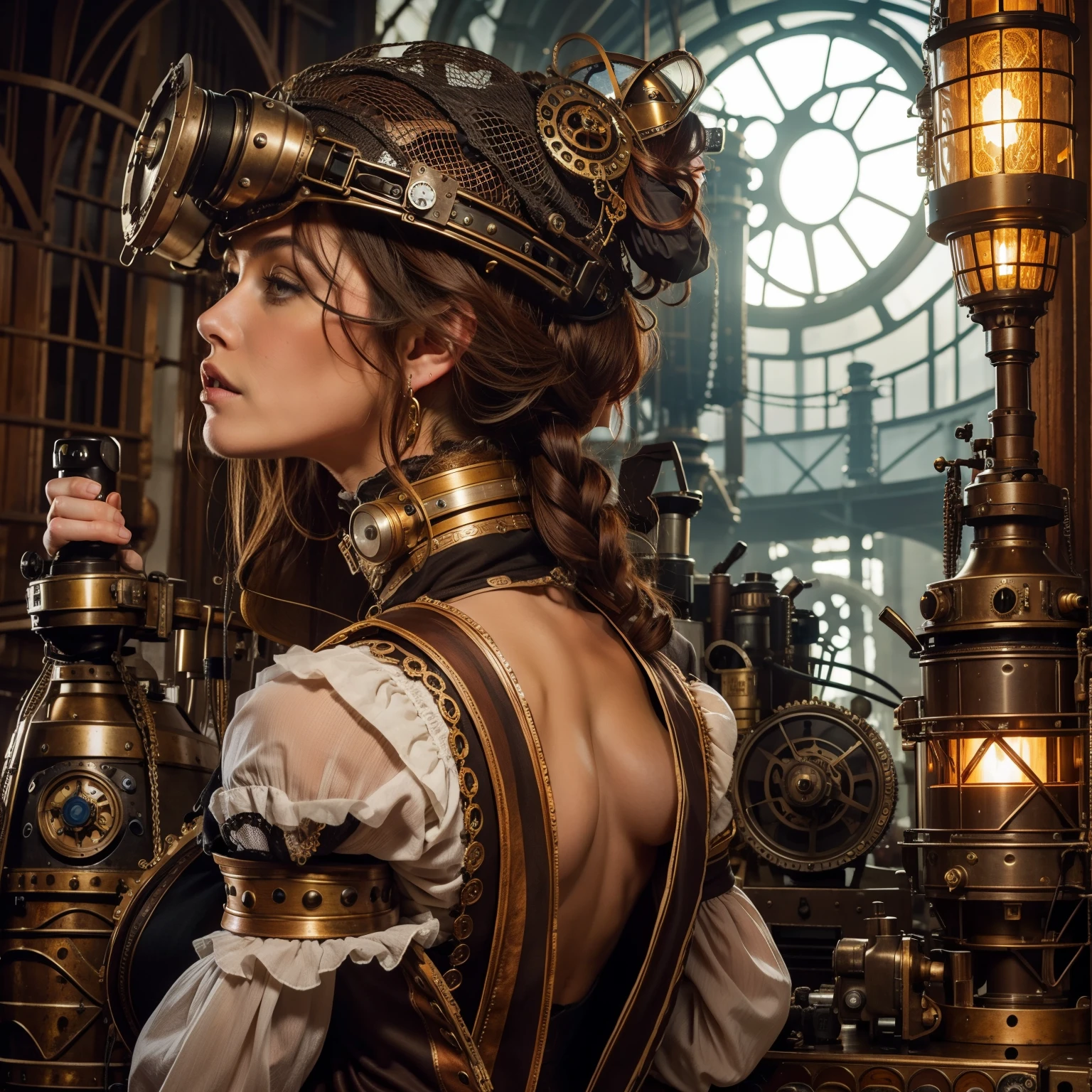A beautiful steampunk woman with steampunk clothes in the foreground and a huge steampunk machinery mechanical in the background