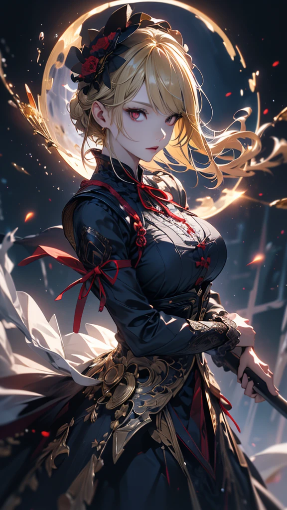 masterpiece, high quality, 4K, Beautiful design, silhouette，blonde， 非常に詳細な夜のStarry Sky,Flower Field， wonderful, Finer details,  Very knowledgeable woman, Highly detailed solo, 1 female,Red eyes，Big Breasts，Gothic Lolita Fashion，fan，Night view，Starry Sky，full moon，