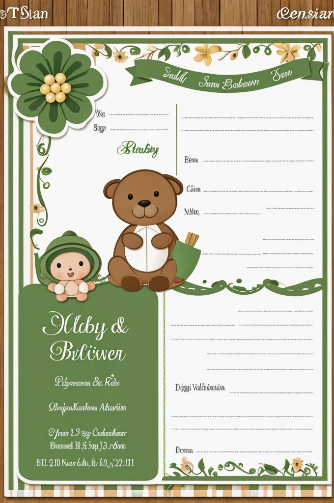 Baby shower invitation with brown and green colors in Spanish to fill out information