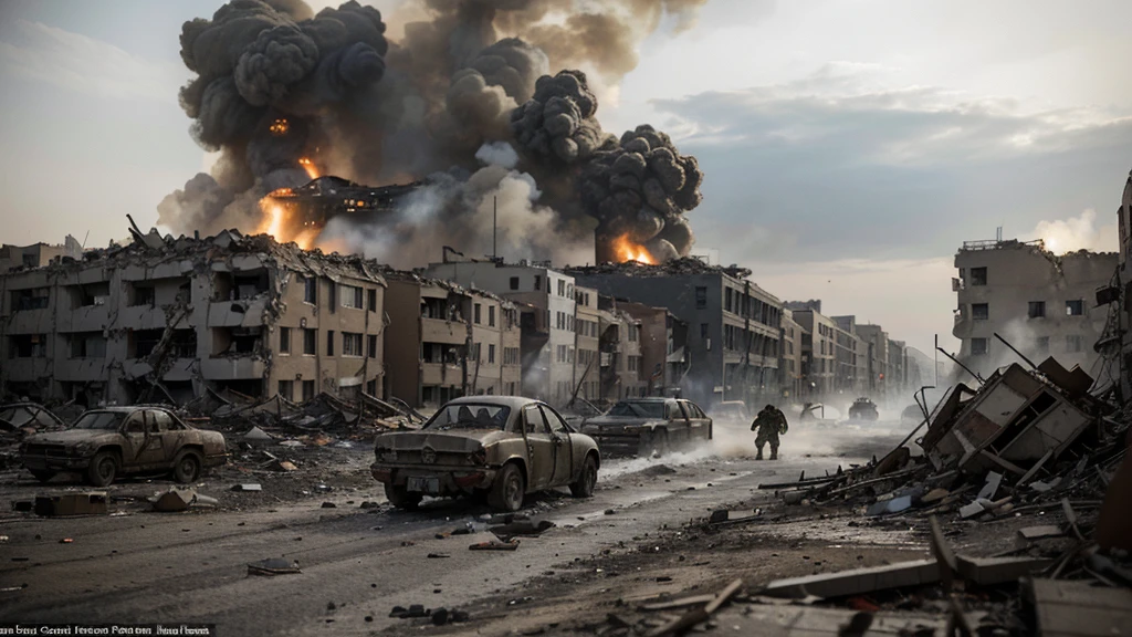 A fierce confrontation in the devastated streets of Stalingrad. German soldiers advance through the rubble, facing fierce resistance from Soviet defenders. The surrounding buildings are in ruins, and the atmosphere is heavy with smoke and debris. In the cloudy sky, fighter planes fly low, adding a sense of chaos and destruction to the battle scene.