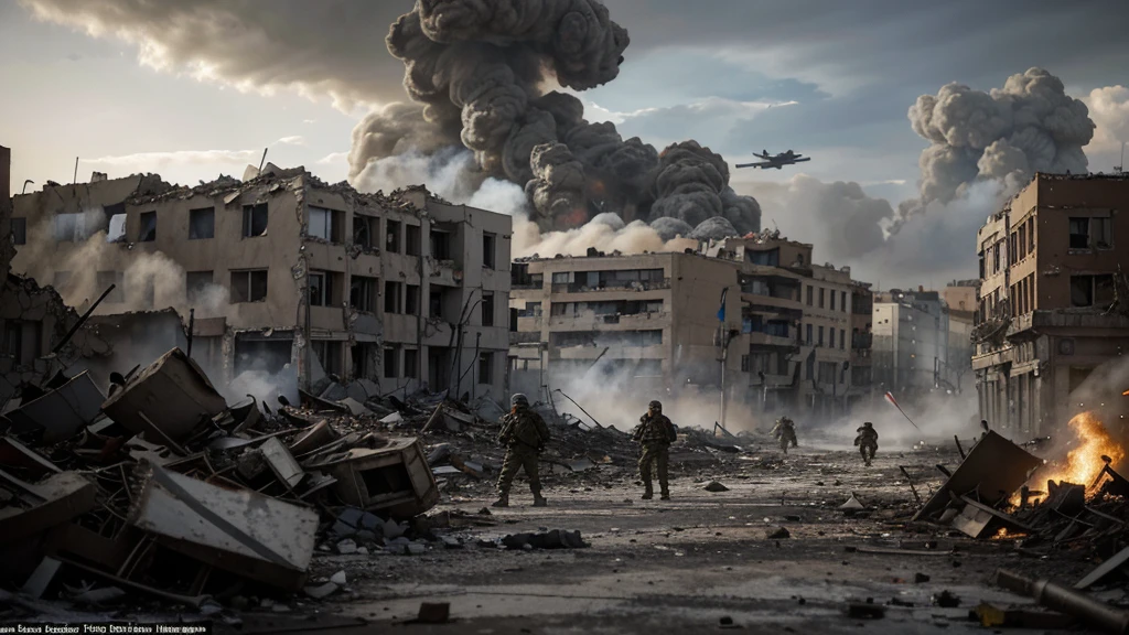 A fierce confrontation in the devastated streets of Stalingrad. German soldiers advance through the rubble, facing fierce resistance from Soviet defenders. The surrounding buildings are in ruins, and the atmosphere is heavy with smoke and debris. In the cloudy sky, fighter planes fly low, adding a sense of chaos and destruction to the battle scene.