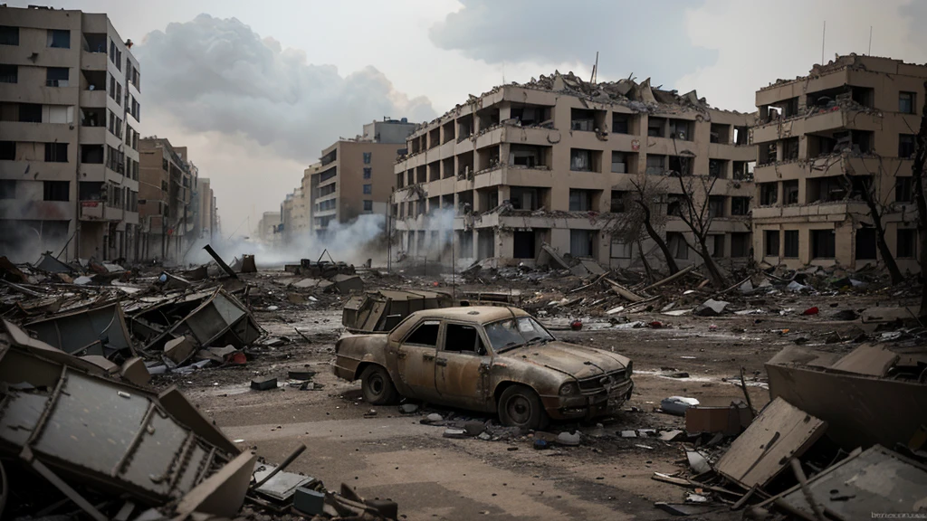 A fierce confrontation in the devastated streets of Stalingrad. German soldiers advance through the rubble, facing fierce resistance from Soviet defenders. The surrounding buildings are in ruins, and the atmosphere is heavy with smoke and debris. In the cloudy sky, fighter planes fly low, adding a sense of chaos and destruction to the battle scene.