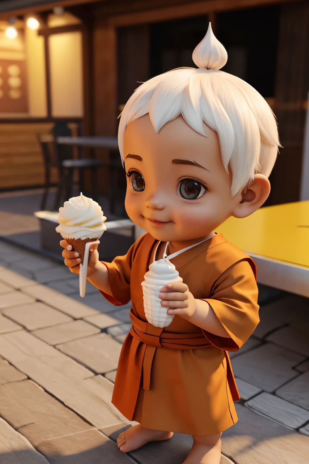 Cute little monk boy on icecream in 3D