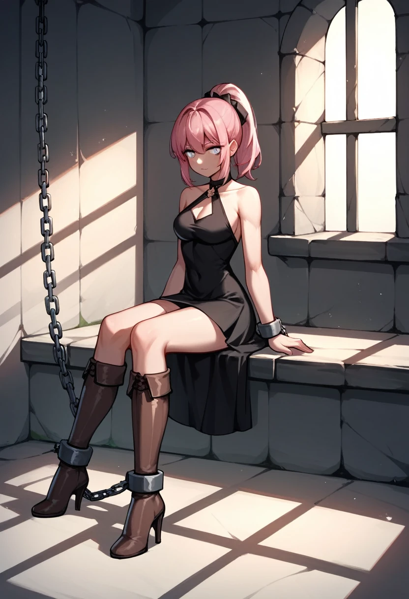 score_9, score_8_up, score_7_up, score_6_up, score_5_up, score_4_up, source_anime, 1girl, sit, pink hair, ponytail, white eyes, w-w-chain, shackles, shackle your hands, full body, black dress, skirt, brown thigh high boots, heels, dungeon, best quality, best res, 4K UHD, details, 
 