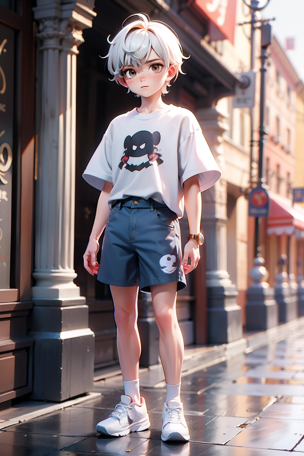 White short hair boy white short-sleeved blue shorts white sneakers