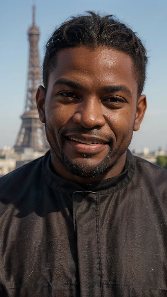 ((long distance shot:1.5)), a black man, small beard, wrinkled, weathered, with piercing eyes, laughing, detailed face, high details, looking at the eiffel tower, eiffel tower on the background