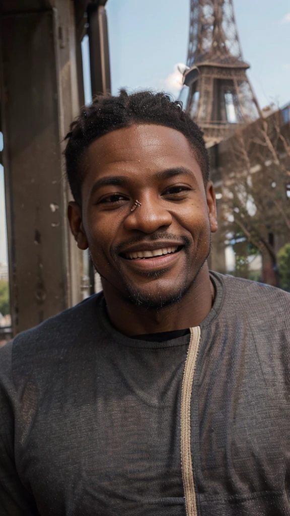 ((long distance shot:1.5)), a black man, small beard, wrinkled, weathered, with piercing eyes, laughing, detailed face, high details, looking at the eiffel tower, eiffel tower on the background