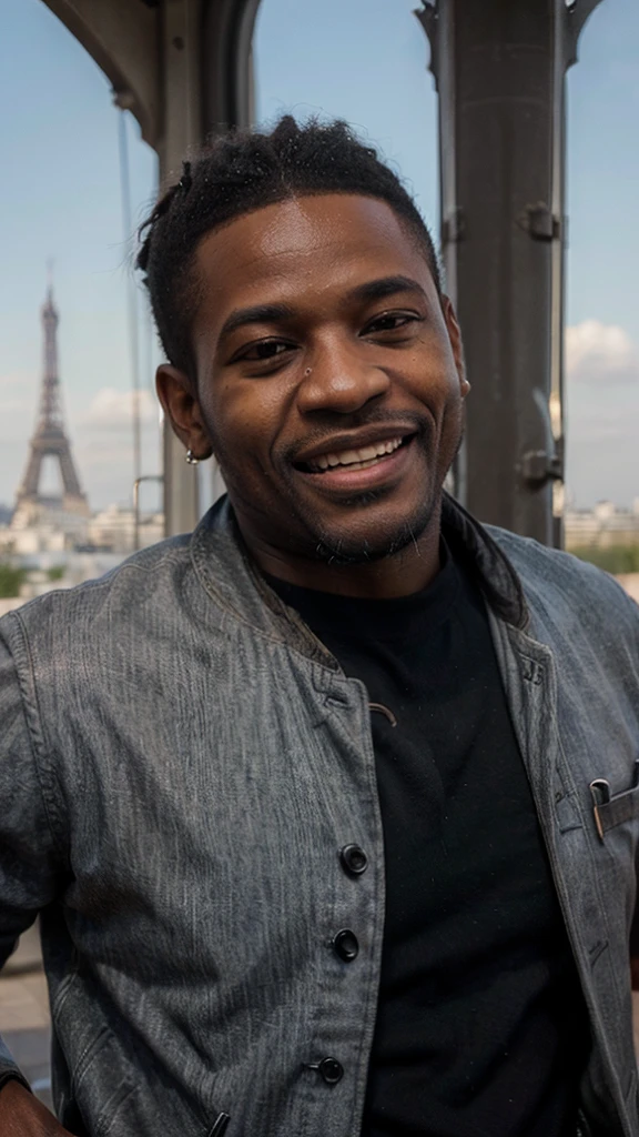 ((long distance shot:1.5)), a black man, small beard, wrinkled, weathered, with piercing eyes, laughing, detailed face, high details, looking at the eiffel tower, eiffel tower on the background