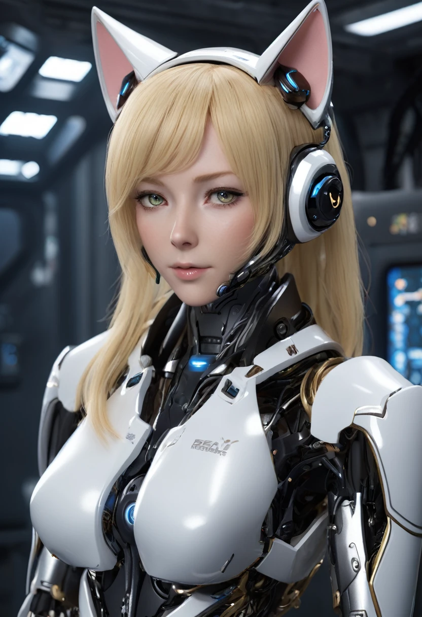 Cat ear、Blonde、Futuristic、Cyber Sense、Real、フォトReal、High resolution、Robot cockpit。