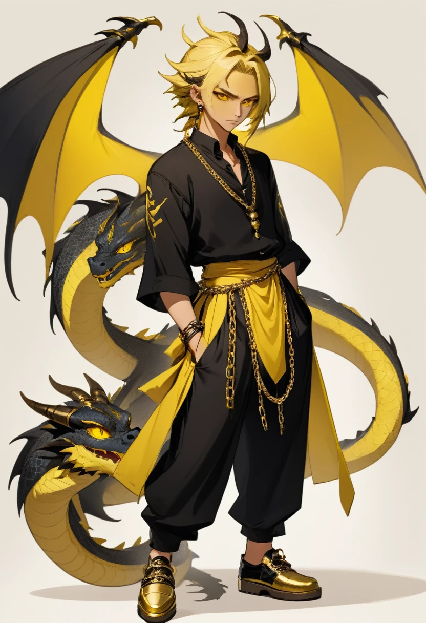 MAN, dragon wings, hybrid dragon, male, masculin, hetero, hair tied up and the rest loose yellow color. Long black blouse, Kashimo, gold chains tied around the arm, a large collar, black baggy pants and brown shoes. Somewhat serious face, yellow eyes.