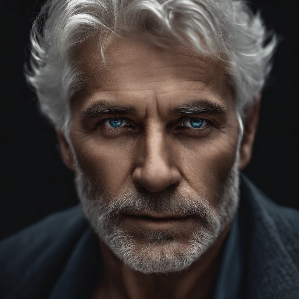 A man with a devastating look, in need of help, with a dark background, with white hair, the eyes