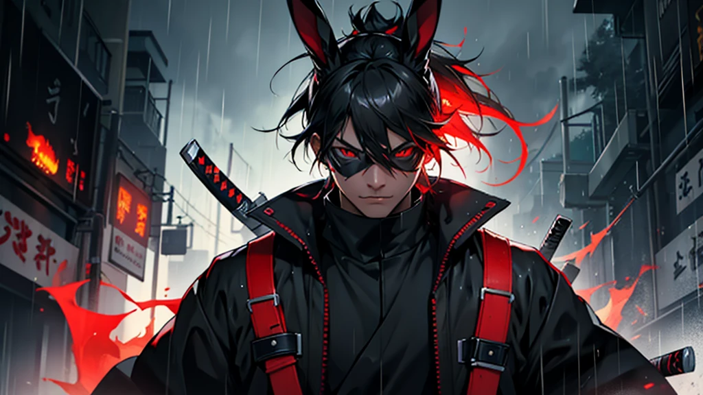 create black cyber samurai with red fire eye, bunny mask and katana in the middle of rain