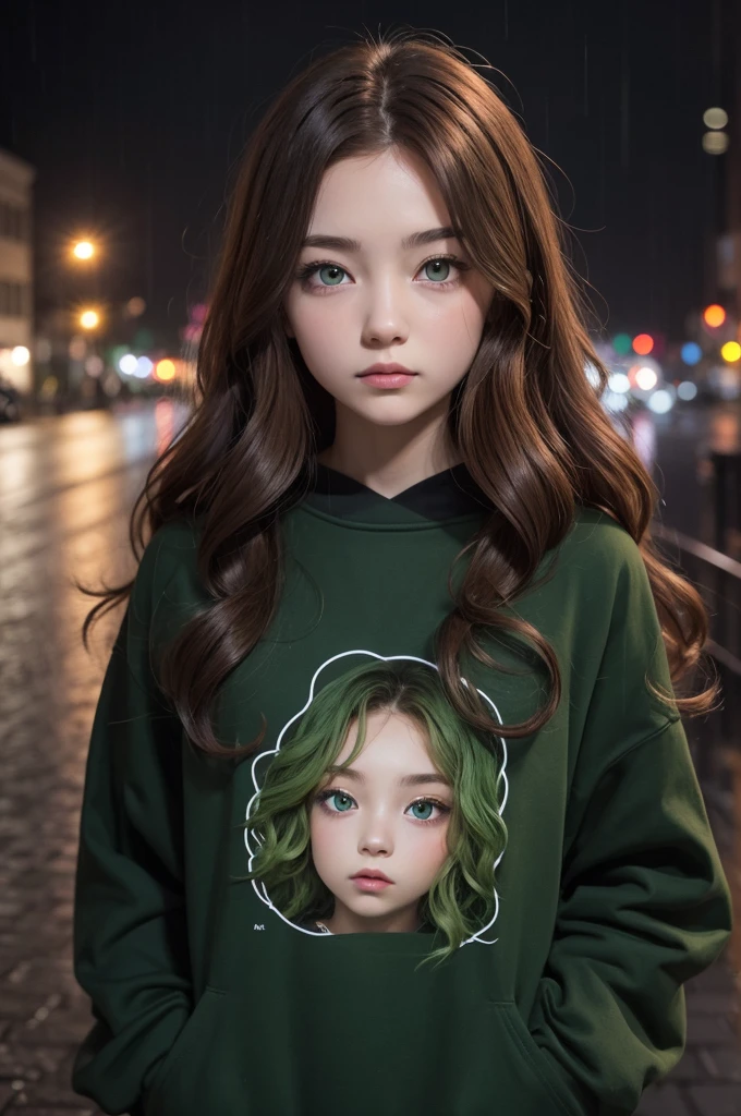 Make a picture for me comics. A girl,chestnut hair,wavy and long,dark green eye,black sweatshirt,in urban night and rain
