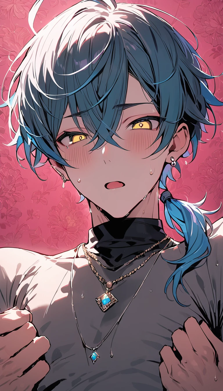 ((((best masterpiece, best quality, wallpaper,)))) solo, guy, male body, small muscles, flat chest, 1male, 30 years old, handsome man, dramatic angle, upper body, looking at viewers, beautiful detailed, mediumturquoise hair, ((((Lower short ponytail)))), asymmetrical bangs, ((short hair,)) blush stickers, sweat, (((perfect face, extremely detailed eyes,))) ((( jitome, gold eyes, ^o^, tareme, droopy eyes,))) perfect hands, sharp nose, clear face, black turtleneck, grey cardigan, ((silver piercing, pendant,)) leggings, pink background color ultrasharp, 8K, masterpiece,