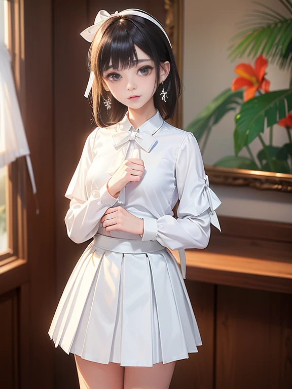 (masterpiece、Highest quality:1.7)、(:1.5)、(Shot from the calf up:1.5)、Bobcut、Black Hair、85mm、16K、Official Art、RAW Photos、Best Beautiful Faces、Close-up、Violet、Gardenia、((The best beautiful girl、very cute))、Red blush on cheeks、indoor、(Are standing:1.8)、Film Grain、Chromatic Aberration、Sharp Focus、(((Nice hands、Perfect hands、Perfect Fingers、Thin and delicate fingers、A perfect body without flaws)))、Detailed face、(Slender body:1.5)、(Slender body:1.4)、(Slim upper body:1.4)、(Small and flat bust:1.5)、(Let your bangs hang down:1.8)、(Blushing:1.8)、(Low contrast lighting:1.2)、(White tight business blouse with collar:1.5)、(White bow tie blouse:1.6)、(Long sleeve: 1.3)、(A very short white pleated mini skirt:1.8),(Holding his chest with his palm:1.5),(White ribbon tied around thigh:1.7)、(White Earrings:1.5)