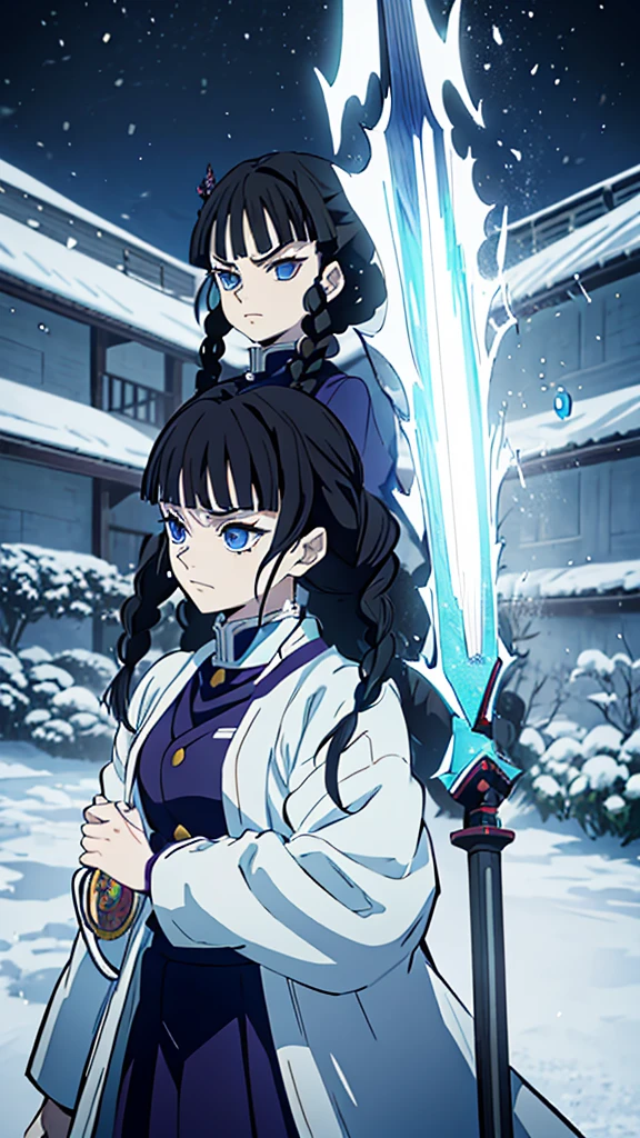 Kimetsu no Yaiba style, 1 mature, girl, blue eyes, a hashira, pretty, long dark brown hair in braids, curtain bangs, annoyed expression, noble, Pillar Demon Slayer, holding a sword, wearing demon slayer uniform, holding a blue demon slayer sword, dark and snowy background