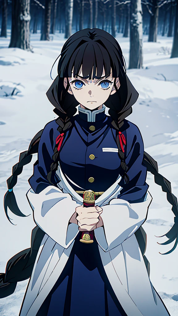 Kimetsu no Yaiba style, 1 mature, girl, blue eyes, a hashira, pretty, long dark brown hair in braids, curtain bangs, annoyed expression, noble, Pillar Demon Slayer, holding a sword, wearing demon slayer uniform, holding a blue demon slayer sword, dark and snowy background