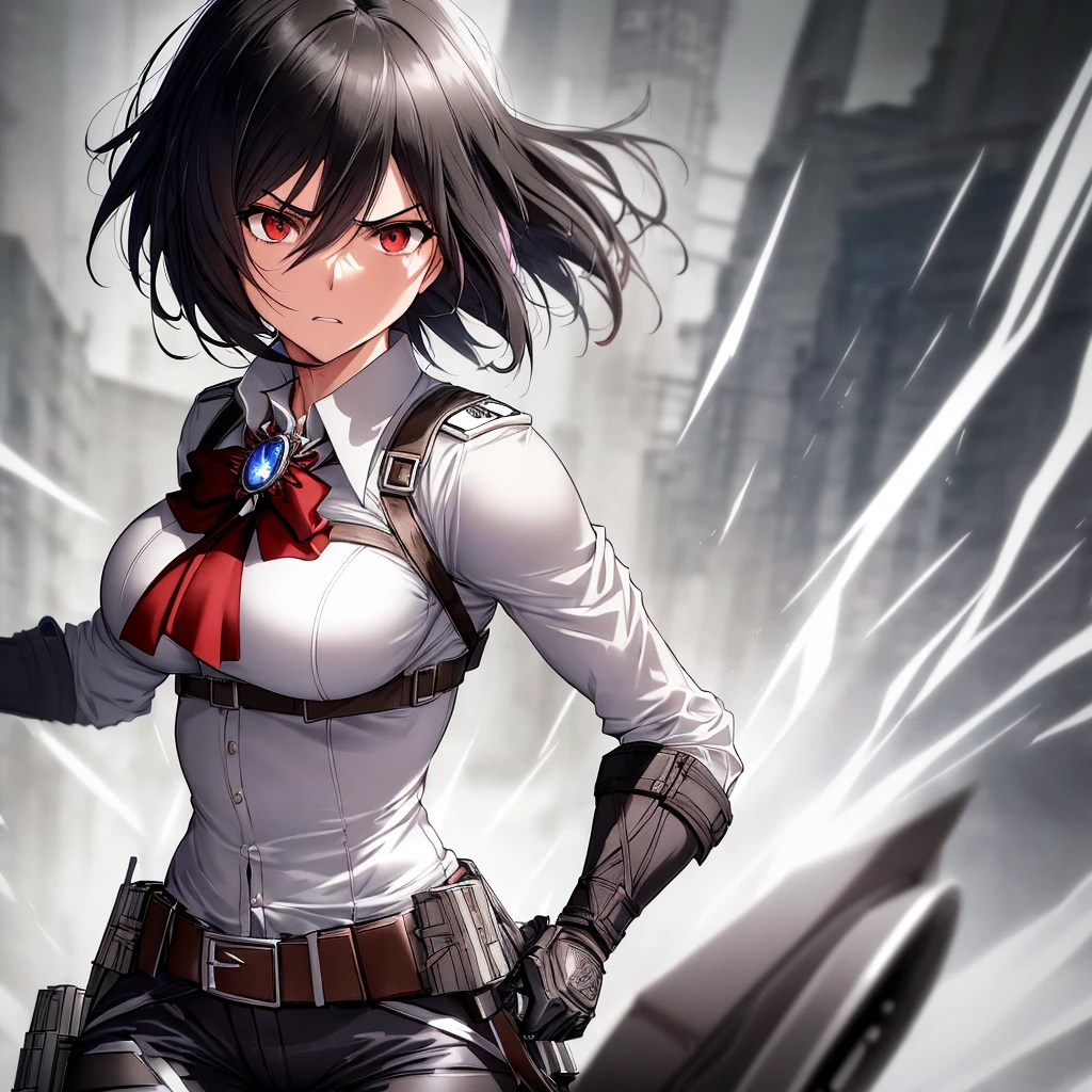 Illustration, Mikasa Ackerman, Attack on Titan, anime girl, short black hair (choppy, layered, and framing her face), stoic expression (with a hint of intensity), 3D maneuver gear (detailed, intricate, and worn), fitted white shirt (with a high collar, and a silver brooch), dark blue pants (tight, and with a red sash), toned arms (muscular, and with a few scars), athletic build (lean, and with a subtle six-pack), smooth skin (porcelain-like complexion, with a subtle sheen), intricate details (dainty fingers, with a few scratches), dynamic pose (leaping forward, with her 3D maneuver gear deployed), dramatic lighting (high-contrast, with a warm glow), 4k, high resolution, ultra high resolution, intricate detail, detailed texture, intense atmosphere, solo character, single figure