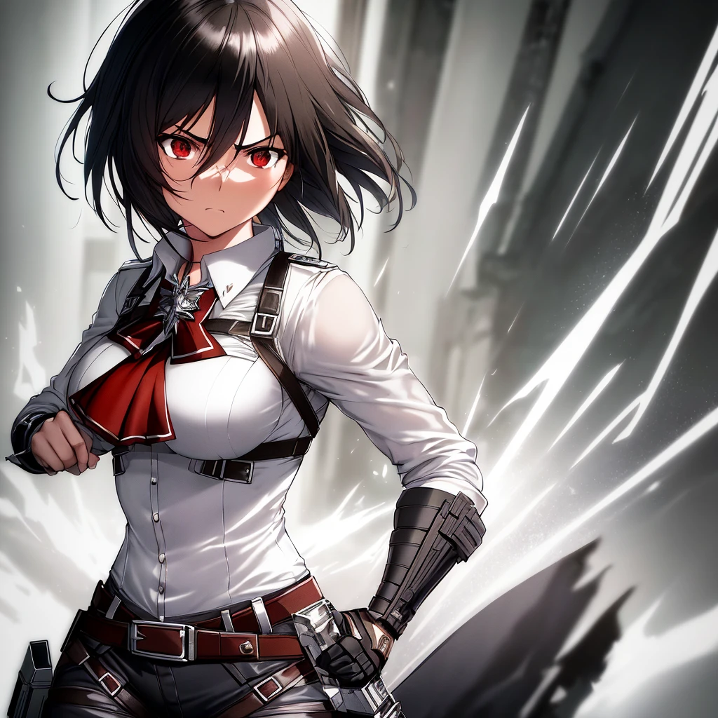Illustration, Mikasa Ackerman, Attack on Titan, anime girl, short black hair (choppy, layered, and framing her face), stoic expression (with a hint of intensity), 3D maneuver gear (detailed, intricate, and worn), fitted white shirt (with a high collar, and a silver brooch), dark blue pants (tight, and with a red sash), toned arms (muscular, and with a few scars), athletic build (lean, and with a subtle six-pack), smooth skin (porcelain-like complexion, with a subtle sheen), intricate details (dainty fingers, with a few scratches), dynamic pose (leaping forward, with her 3D maneuver gear deployed), dramatic lighting (high-contrast, with a warm glow), 4k, high resolution, ultra high resolution, intricate detail, detailed texture, intense atmosphere, solo character, single figure