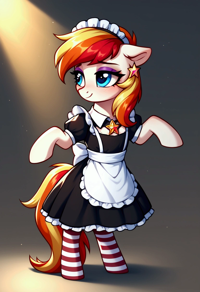 score_9,score_8_up,score_7_up,score_6_up, ((my little pony)), radiant lighting, vibrant colors, whimsical atmosphere, 8K, high resolution, highly detailed, masterpiece, (shy look), ((pony body)), white body, blue eyes, (maid costume), striped stockings, star pendant, earrings, eyeshadow, (#FF00FF hair colour), ((play pose))