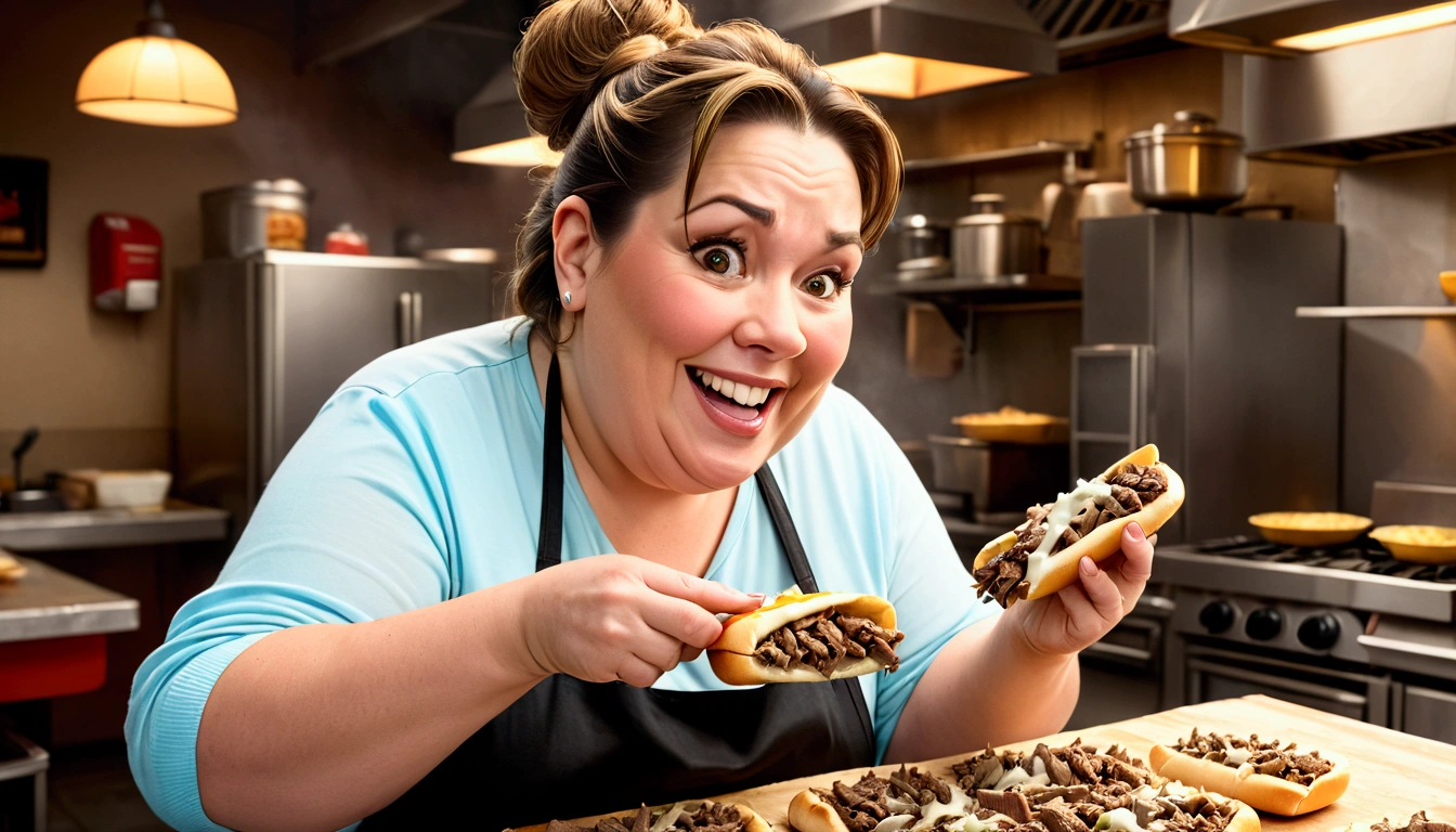 a fat middle aged woman making philly cheesesteaks, extremely detailed face and eyes, hyper detailed hands, smile, low ponytail, cinematic lighting, 8k, photorealistic, realistic, masterpiece, wide shot, best quality, highres, ultra-detailed, (realistic, photorealistic, photo-realistic:1.37), HDR, UHD, studio lighting, ultra-fine painting, sharp focus, physically-based rendering, extreme detail description, professional, vivid colors, bokeh