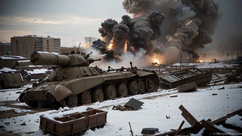 Background , world war 2, there is fire, planes, Soviet tanks, snowy land , foggy, blue, vast,