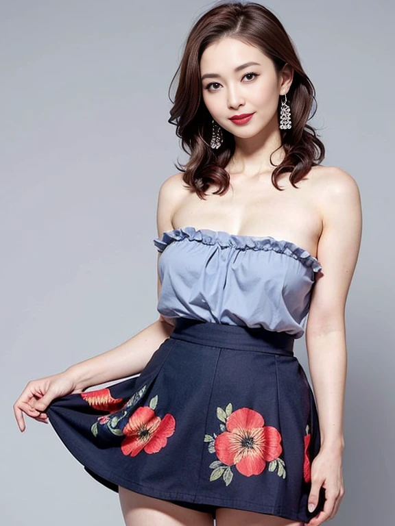 Gray background、(Blue Eye Shadow)、Red lipstick、(Sexy look)、Thighs、Pointy nipples、The wind is messing up my hair、pubic hair、濃いpubic hair、Large Breasts、Red Earrings、smile、Floral dresini skirt、
