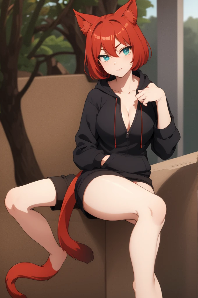 A character with bob hair, red hair and cat ears Red Tail B Cup Blue-green eyes Brown hoodie Thighs Tree Eyes C-shaped eyebrow
