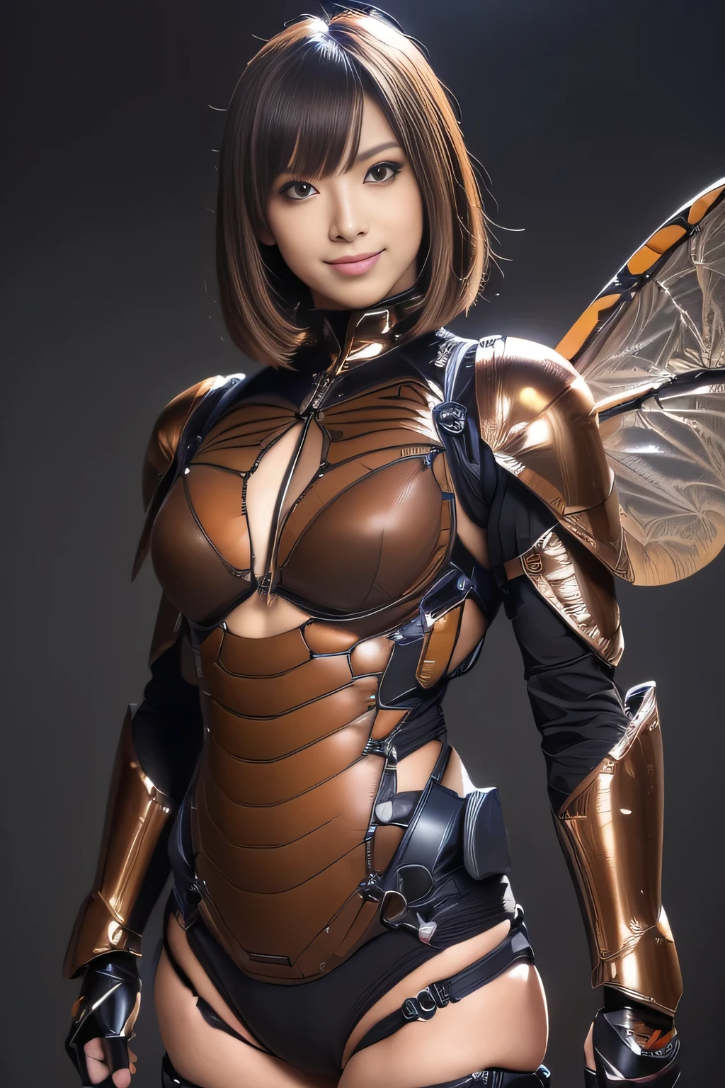 (high resolution,masterpiece,best quality,extremely detailed CG, anime, official art:1.4), realistic, photo, amazing fine details, all intricate, gloss and shiny,awesome many layers, 8k wall paper, 3d, sketch, kawaii, illustration,( solo:1.4), perfect female proportion,villainess, (fusion of dark brown cockroach and lady:1.4), (brown cockroach form lady:1.2), (brown cockroach lady:1.2), (fusion:1.2), (solo:1.4), (evil smile:1.2), muscular, abs, (cockroach brown exoskeleton bio insect suit:1.4), (cockroach brown exoskeleton bio insect armor:1.2), (brown transparency cockroach wing:1.4), (brown cockroach antennae:1.3),