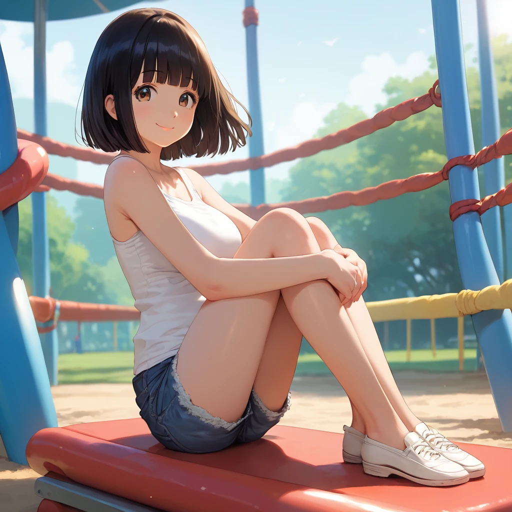 score_9,score_8_up,score_7_up,masterpiece,best quality, source anime, realistic, super detailed, extreme detailed, rating_safe,
1girl, sitting, hugging own legs,
BREAK girl, 22yo, short hair, bob cut, (blunt bangs), black hair, (tareme, detailed cute brown eyes), curled eyelashes, (large breasts:0.9),
shiny hair, beautiful detailed eyes, beautiful face,
slender, small ass, slim legs,
white Tank top, denim shorts, panty peek, smile,
outdoors, playground, summer, sunlight