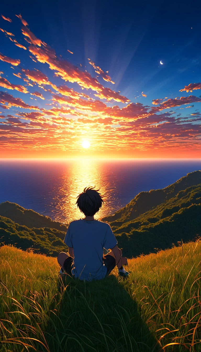 High quality, 8K Ultra HD. The image shows a boy sitting anime watching 
 The terrifying ocean at sunrise from a grassy hill, with a background of vibrant blue sky and red and orange hues of the sun. anime art wallpaper 4k, arte digital de Shen Che-Tsai, pexels, realismo fantástico, entre nubes celestiales iluminadas por el sol, nubes celestiales, cielo asombroso, Atardecer en las nubes, nubes doradas, cielo impresionante, nubes impresionantes, nubes magnificas, nubes brillantes, Nubes al atardecer, cielo en la tierra, luces celestiales doradasanime art wallpaper 4K, anime background, anime art wallpaper 8K, anime art background, anime landscape wallpaper, amazing wallpaper, high quality wallpaper definition,4k animated wallpaper,4k animated wallpaper,Aries Moross art,Bob Byerley art,AshleyWoodArtAI,greg rutkowski