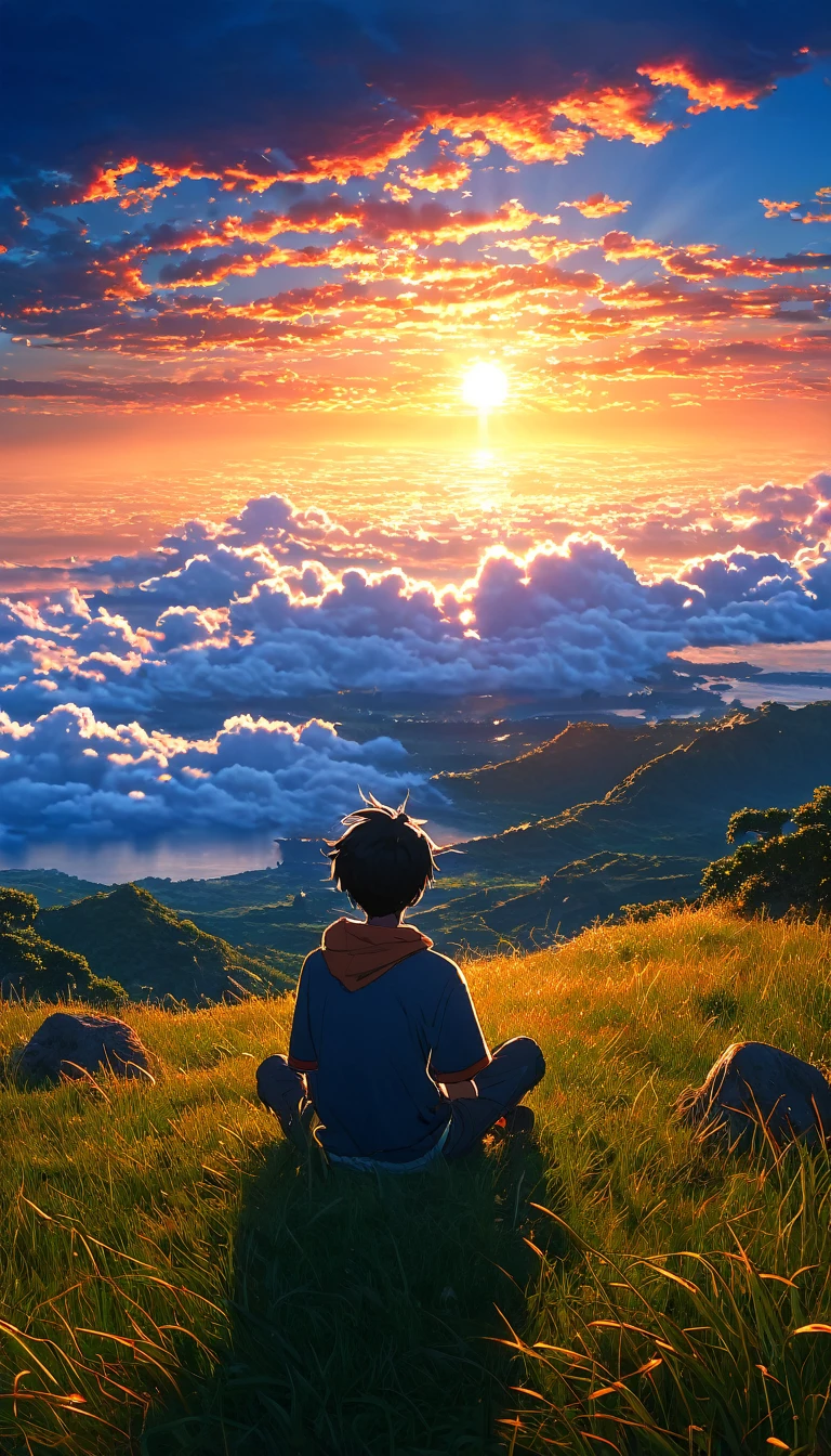 High quality, 8K Ultra HD. The image shows a boy sitting anime watching 
 The terrifying ocean at sunrise from a grassy hill, with a background of vibrant blue sky and red and orange hues of the sun. anime art wallpaper 4k, arte digital de Shen Che-Tsai, pexels, realismo fantástico, entre nubes celestiales iluminadas por el sol, nubes celestiales, cielo asombroso, Atardecer en las nubes, nubes doradas, cielo impresionante, nubes impresionantes, nubes magnificas, nubes brillantes, Nubes al atardecer, cielo en la tierra, luces celestiales doradasanime art wallpaper 4K, anime background, anime art wallpaper 8K, anime art background, anime landscape wallpaper, amazing wallpaper, high quality wallpaper definition,4k animated wallpaper,4k animated wallpaper,Aries Moross art,Bob Byerley art,AshleyWoodArtAI,greg rutkowski