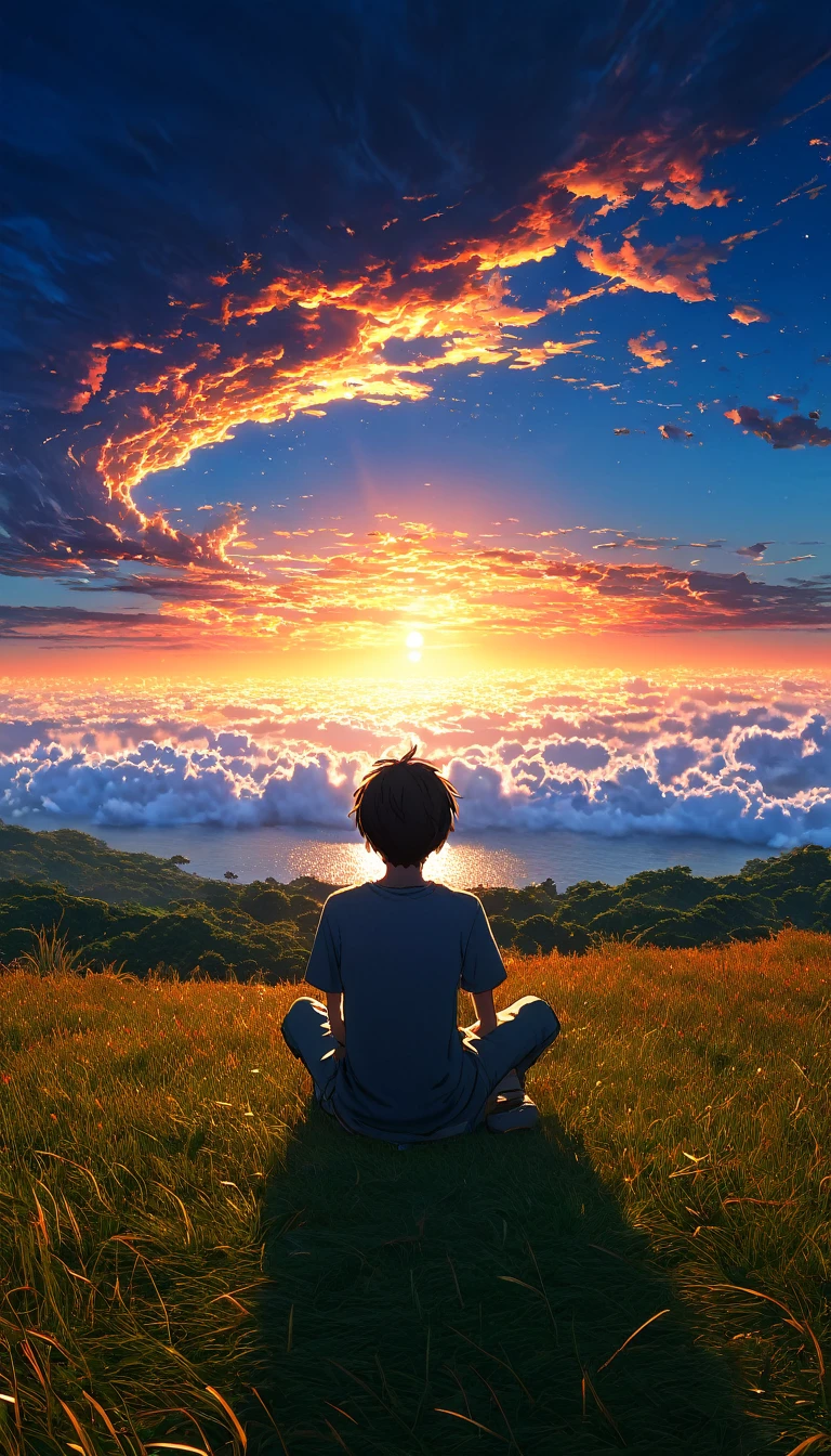 High quality, 8K Ultra HD. The image shows a boy sitting anime watching 
 The terrifying ocean at sunrise from a grassy hill, with a background of vibrant blue sky and red and orange hues of the sun. anime art wallpaper 4k, arte digital de Shen Che-Tsai, pexels, realismo fantástico, entre nubes celestiales iluminadas por el sol, nubes celestiales, cielo asombroso, Atardecer en las nubes, nubes doradas, cielo impresionante, nubes impresionantes, nubes magnificas, nubes brillantes, Nubes al atardecer, cielo en la tierra, luces celestiales doradasanime art wallpaper 4K, anime background, anime art wallpaper 8K, anime art background, anime landscape wallpaper, amazing wallpaper, high quality wallpaper definition,4k animated wallpaper,4k animated wallpaper,Aries Moross art,Bob Byerley art,AshleyWoodArtAI,greg rutkowski