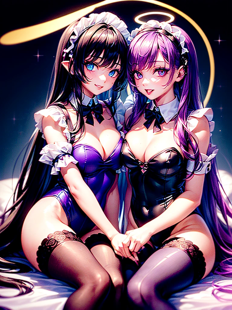 Highest quality,Highest Resolution,(((A beautiful girl with blue eyes and black hair in a maid leotard)))and(((A beautiful purple-haired girl with beautiful red eyes wearing a gothic lolita leotard)))are having sex in the sitting position,kiss,saliva,(((Halo))),smile,