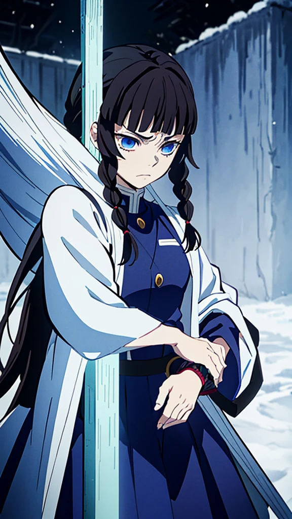 Kimetsu no Yaiba style, 1 mature, girl, blue eyes, a hashira, pretty, long dark brown hair in braids, curtain bangs, annoyed expression, noble, Pillar Demon Slayer, holding a sword, wearing demon slayer uniform, holding a blue demon slayer sword, dark and snowy background