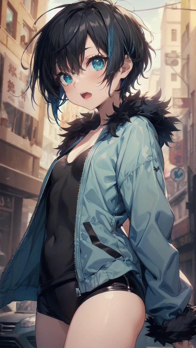 Close-up of a cartoon girl with blue hair and a yellow shirt, 2D Animation, 2D Animation style, 2D Art, 2D Art, 2D from Gorillaz, 2D from Gorillaz, 2D Gorillaz, Screaming Cerket, 2D Sprites, Jinx Face, short hair, Small breasts, hot pants, ((Black Hair, Bright blue fur inside:1.4))