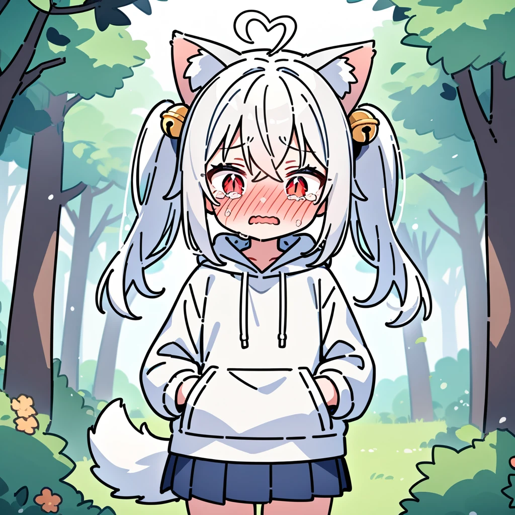 (masterpiece:1.2,high quality),8K,High resolution,A seven-year-old girl,cute girl,white hair,long hair,twintails,hair bell,crossed bangs,red eyes,slit pupils,heart ahoge,cat ears,full-face blush,embarrassed,crying,tears,Wearing a white hoodie,Dark blue pleated skirt,Stand in the forest,There are flowering trees on both sides.,primary school student,thigh,alone,dog tail,(Put your hands in your pockets),((Put your hands in your pockets))