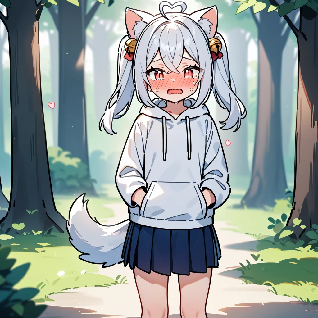 (masterpiece:1.2,high quality),8K,High resolution,A seven-year-old girl,cute girl,white hair,long hair,twintails,hair bell,crossed bangs,red eyes,slit pupils,heart ahoge,cat ears,full-face blush,embarrassed,crying,tears,Wearing a white hoodie,Dark blue pleated skirt,Stand in the forest,There are flowering trees on both sides.,primary school student,thigh,alone,dog tail,(Put your hands in your pockets),((Put your hands in your pockets))