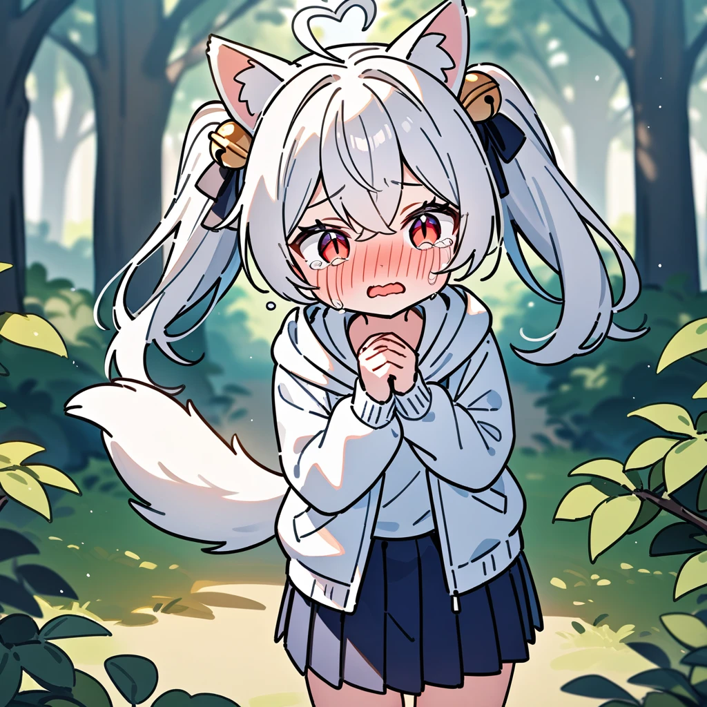 (masterpiece:1.2,high quality),8K,High resolution,A seven-year-old girl,cute girl,white hair,long hair,twintails,hair bell,crossed bangs,red eyes,slit pupils,heart ahoge,cat ears,full-face blush,embarrassed,crying,tears,Wearing a white hoodie,Dark blue pleated skirt,Stand in the forest,There are flowering trees on both sides.,primary school student,thigh,alone,dog tail,(Put your hands in your pockets),((Put your hands in your pockets))