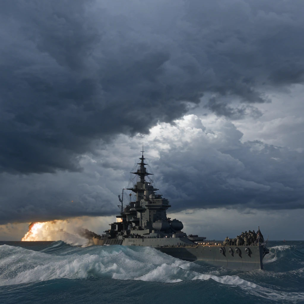 Pearl Harbor, battleship, cruising through high waves, thunder, lightning, intense, realistic, highly detailed, cinematic,
 